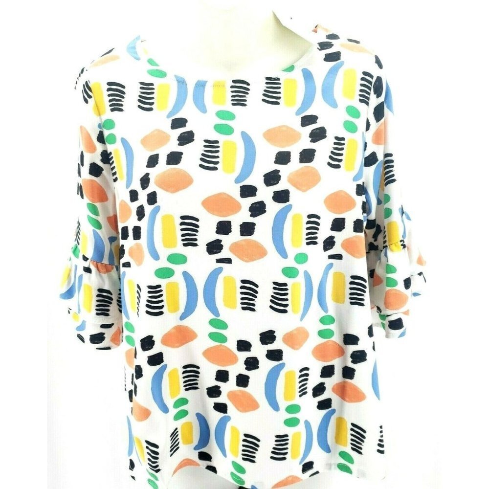 PEPALOVES Watercolor Funky Print Ruffle Sleeve Top Blouse Colorful SMALL